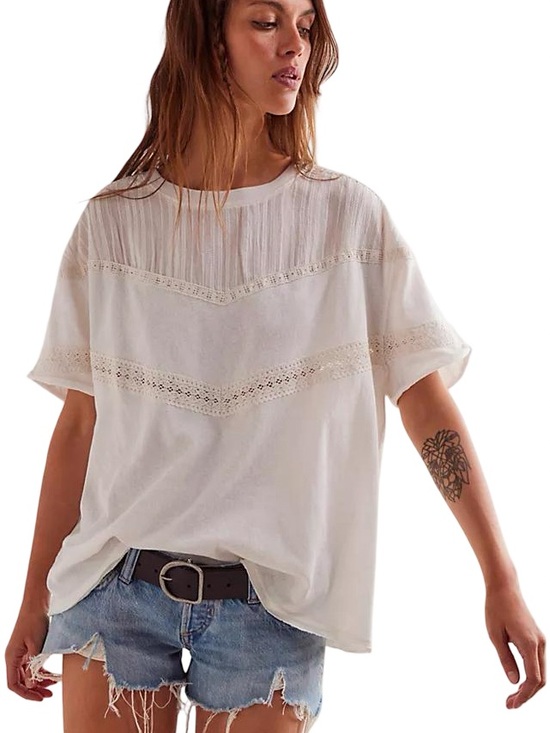 Free People Tops - ▫️🔅 Free People We The Free Dorothy Tee Cream Lace-Trim Short Sleeve 🔅▫️